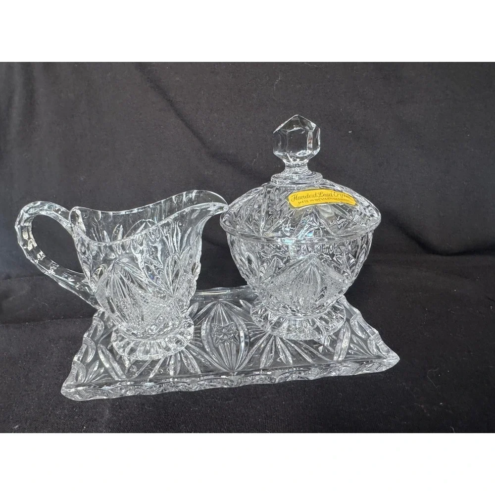 Vintage Handcut Lead Crystal Cream Sugar Set with Tray Western Germany Clear